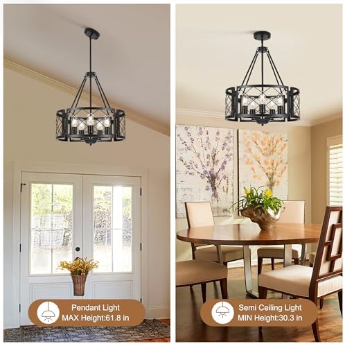 Sigaitwei 5-Light Farmhouse Chandelier Rustic Black Chandelier for Dining Room,Adjustable Pendant Light,Drum Chandelier for Kitchen Island Entryway Bedroom Hallway,18.9'',E26. - Image 6