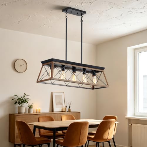 5-Light Farmhouse Dining Chandelier, White Brushed Black & Wood Grain Finish, Height Adjustable, Island Light Fixture for Dining Table, Kitchen and Entryway - Image 7