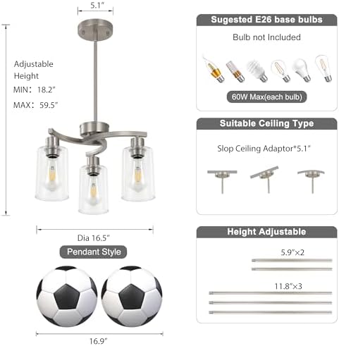 Sigaitwei 3 Light Brushed Nickel Modern Pendant Light, 16.5" Kitchen Island Lighting with Clear Glass Shade, Adjustable Dining Room Chandelier Over Table, Farmhouse Industrial Hanging Fixture - Image 4