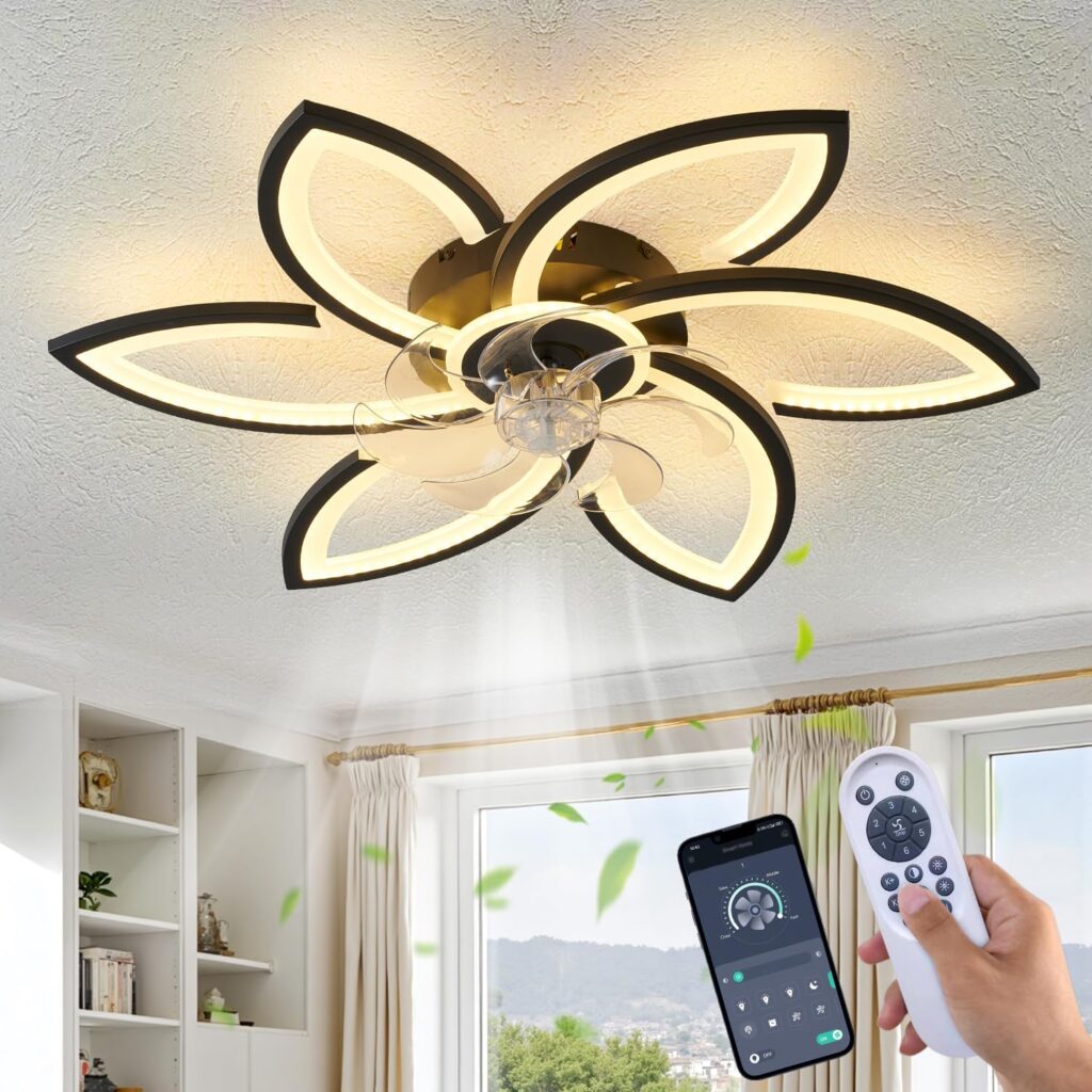Modern 30" Ceiling Fan with Light, Low Profile Flush Mount Fandelier, Dimmable LED Ceiling Fan with Remote, 6-Speed Quiet Motor, Flower Design for Bedroom Living Room Kitchen (Black)