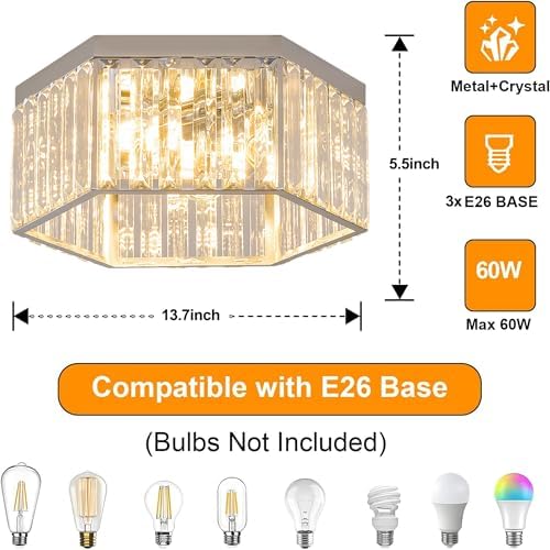 3-Light Nickel Crystal Flush Mount Ceiling Light Fixture for Bathroom, Hall - Image 7
