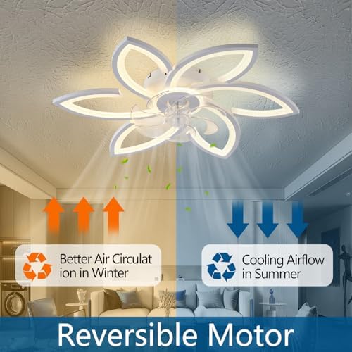 Modern 30" Ceiling Fan with Light, Low Profile Flush Mount Fandelier, Dimmable LED Ceiling Fan with Remote, 6-Speed Quiet Motor, Flower Design for Bedroom Living Room Kitchen (White) - Image 3