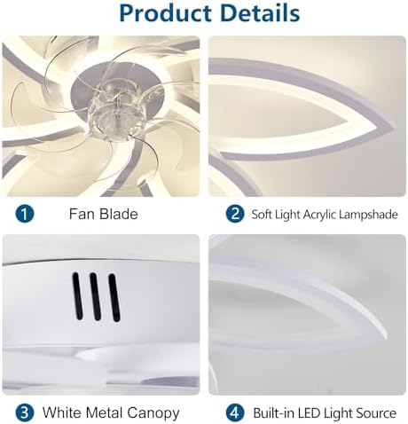 Modern 30" Ceiling Fan with Light, Low Profile Flush Mount Fandelier, Dimmable LED Ceiling Fan with Remote, 6-Speed Quiet Motor, Flower Design for Bedroom Living Room Kitchen (White) - Image 7