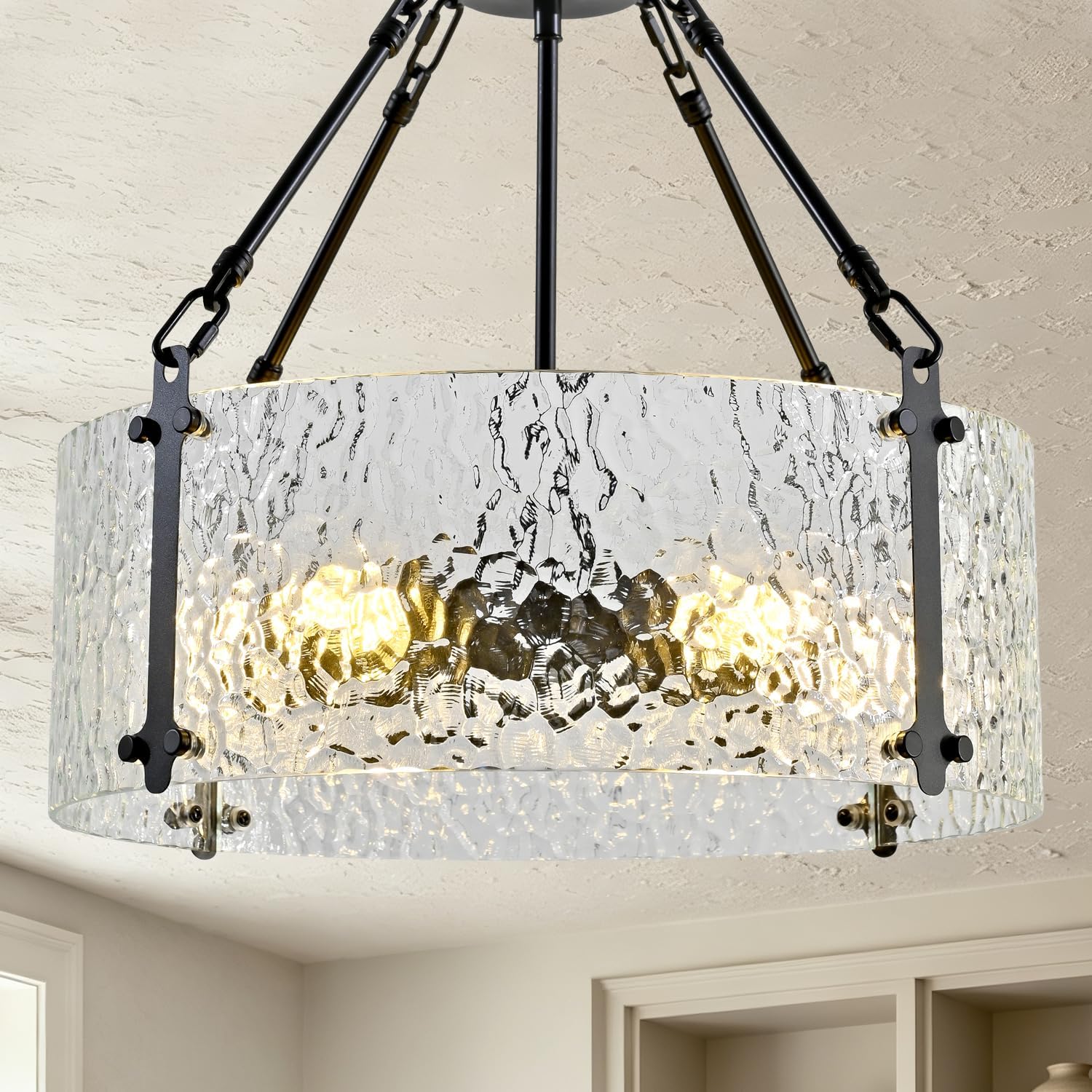 Modern 5-Light Drum Chandelier, Black Metal Frame Textured Glass Pendant Light Fixture, Industrial Farmhouse Ceiling Light for Dining Room, Living Room, Kitchen Island, E26 Base