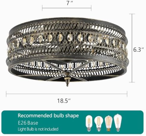 Vintage Crystal Caged Ceiling Fan with Light, Farmhouse Flush Mount Fandelier with Remote Control, Industrial Low Profile Ceiling Fan for Bedroom Living Room Dining Room - Image 5
