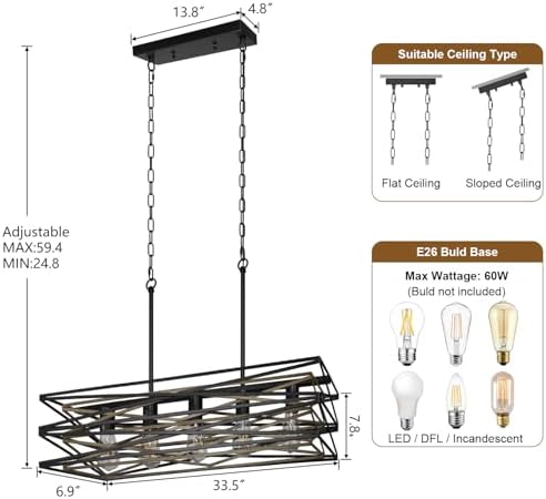 5-Light Linear Chandelier and 3-Light Drum Chandelier,Kitchen Island Lighting,Industrial Chandelier for Dining Room with Retro Wood Texture Interior - Image 5