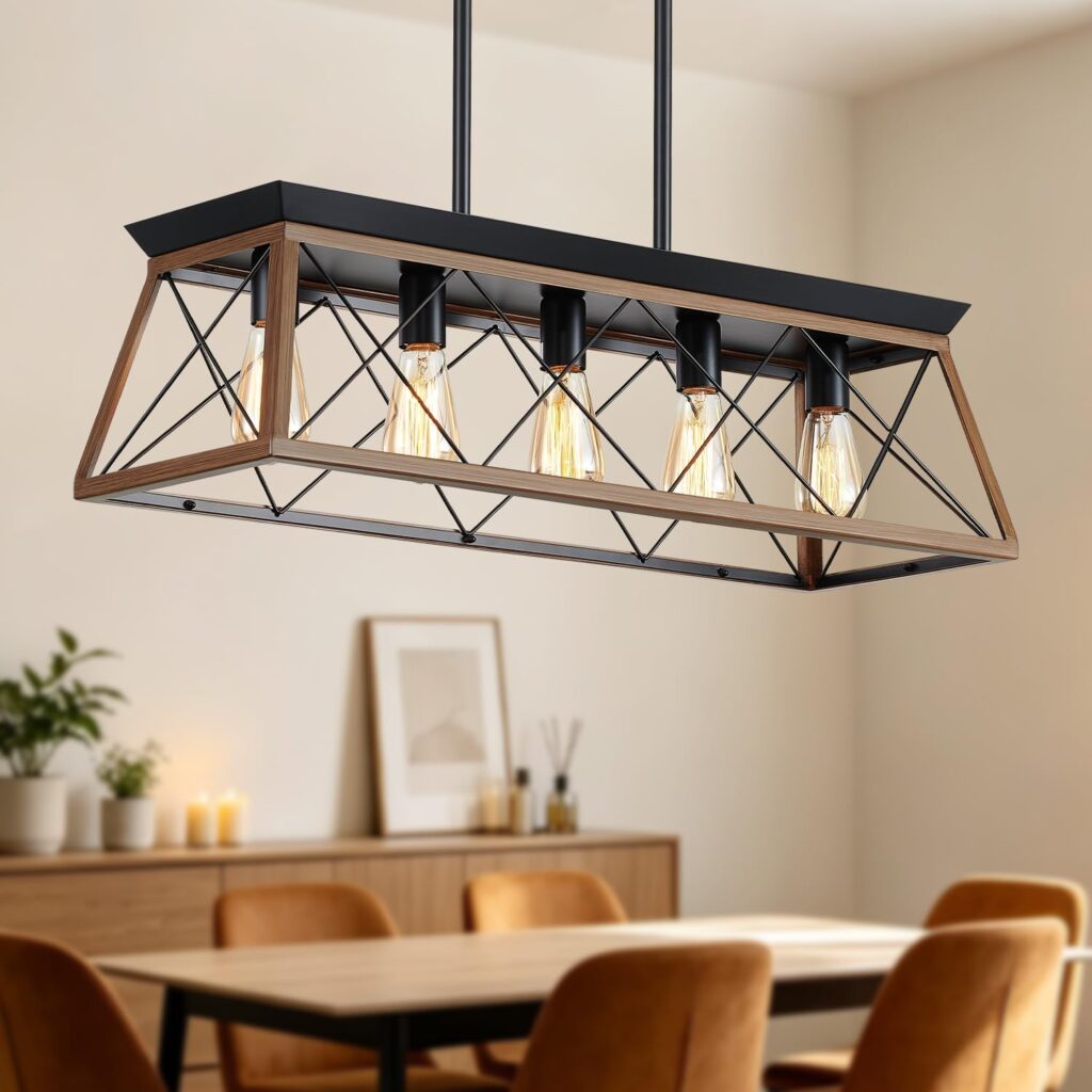 5-Light Farmhouse Dining Chandelier, White Brushed Black & Wood Grain Finish, Height Adjustable, Island Light Fixture for Dining Table, Kitchen and Entryway