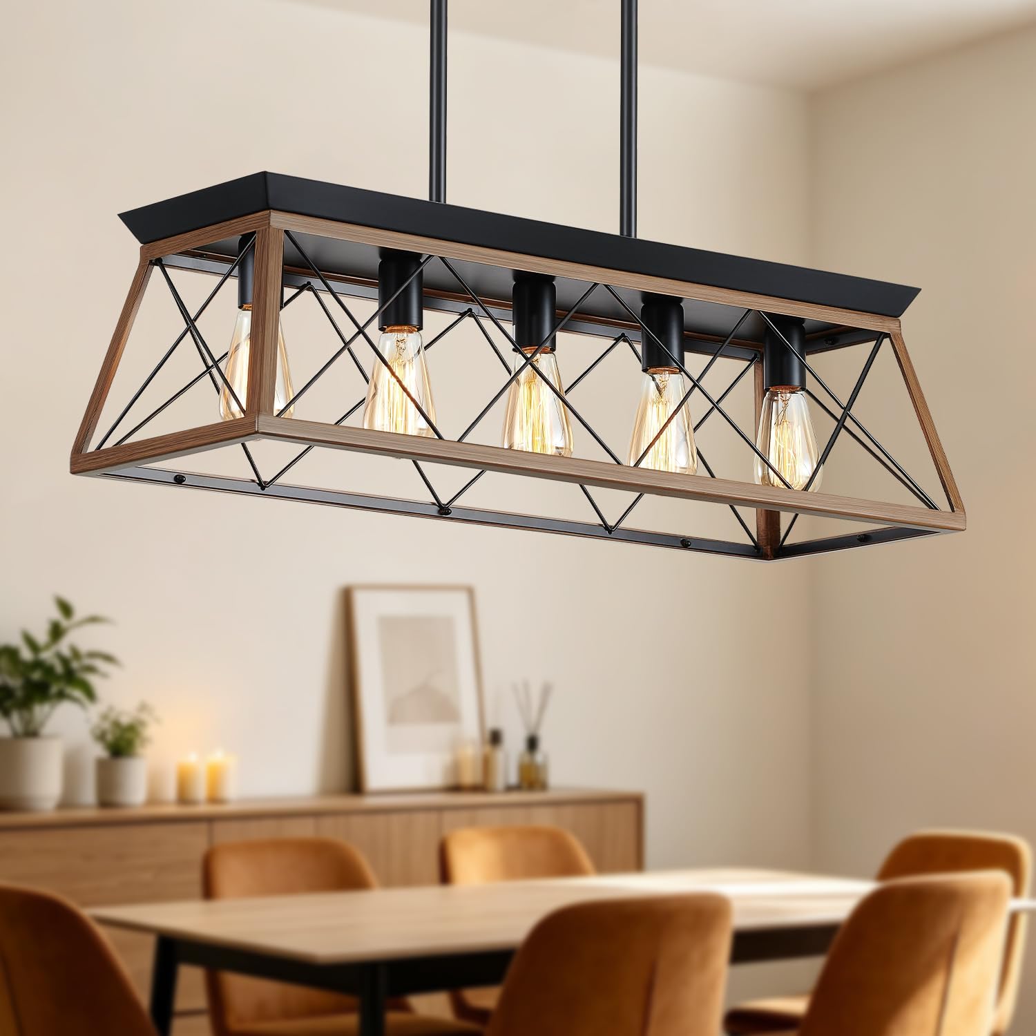 5-Light Farmhouse Dining Chandelier, White Brushed Black & Wood Grain Finish, Height Adjustable, Island Light Fixture for Dining Table, Kitchen and Entryway
