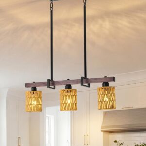3-Light Kitchen Island Light Fixture, Linear Chandelier for Dining Room, Rustic Pendant Light Over Table, Handmade Woven Farmhouse Wicker Chandelier, Dark Wood Finish for Kitchen Island