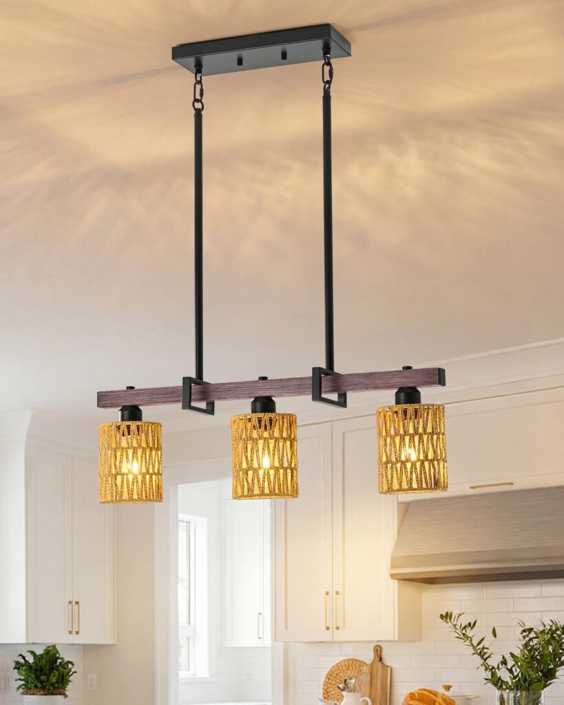 3-Light Kitchen Island Light Fixture, Linear Chandelier for Dining Room, Rustic Pendant Light Over Table, Handmade Woven Farmhouse Wicker Chandelier, Dark Wood Finish for Kitchen Island