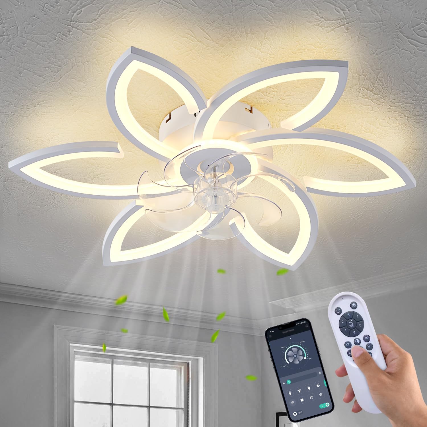 Modern 30" Ceiling Fan with Light, Low Profile Flush Mount Fandelier, Dimmable LED Ceiling Fan with Remote, 6-Speed Quiet Motor, Flower Design for Bedroom Living Room Kitchen (White)