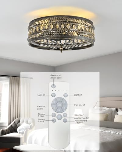 Vintage Crystal Caged Ceiling Fan with Light, Farmhouse Flush Mount Fandelier with Remote Control, Industrial Low Profile Ceiling Fan for Bedroom Living Room Dining Room - Image 7