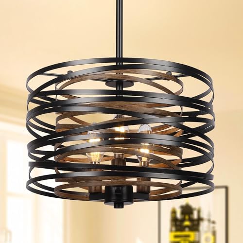 5-Light Linear Chandelier and 3-Light Drum Chandelier,Kitchen Island Lighting,Industrial Chandelier for Dining Room with Retro Wood Texture Interior - Image 7