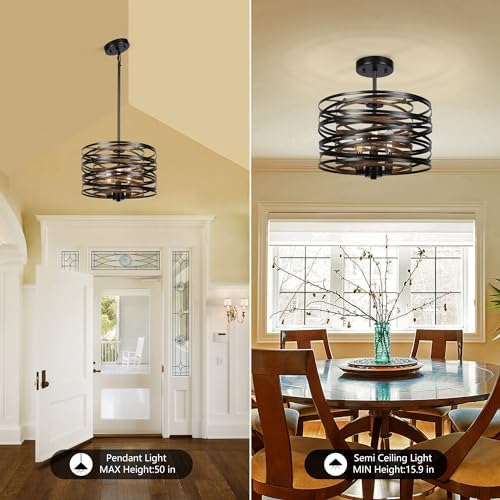 Sigaitwei 3-Light Dining Room Chandelier,12.6" Rustic Black Drum Chandeliers,Wood Grain and Vintage Light Fixture for Kitchen Entryway Living Room - Image 5