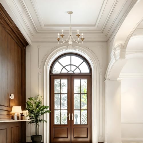 Sigaitwei 5‑Light French Country Candle Chandelier, Distressed Off‑White with Antique‑Gold Accents, Pendant Hanging Light Fixture for Dining Room, Foyer, Bedroom, E12 Base - Image 5