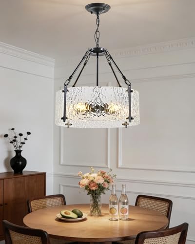 Modern 5-Light Drum Chandelier, Black Metal Frame Textured Glass Pendant Light Fixture, Industrial Farmhouse Ceiling Light for Dining Room, Living Room, Kitchen Island, E26 Base - Image 7