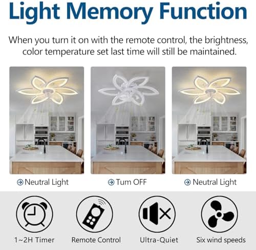 Modern 30" Ceiling Fan with Light, Low Profile Flush Mount Fandelier, Dimmable LED Ceiling Fan with Remote, 6-Speed Quiet Motor, Flower Design for Bedroom Living Room Kitchen (White) - Image 6