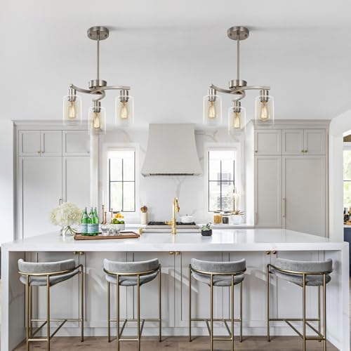 Sigaitwei 3 Light Brushed Nickel Modern Pendant Light, 16.5" Kitchen Island Lighting with Clear Glass Shade, Adjustable Dining Room Chandelier Over Table, Farmhouse Industrial Hanging Fixture - Image 3