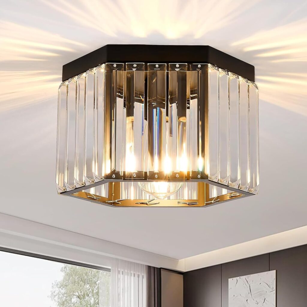 10 In Black Flush Mount Crystal Ceiling Light Fixture for Bathroom Kitchen