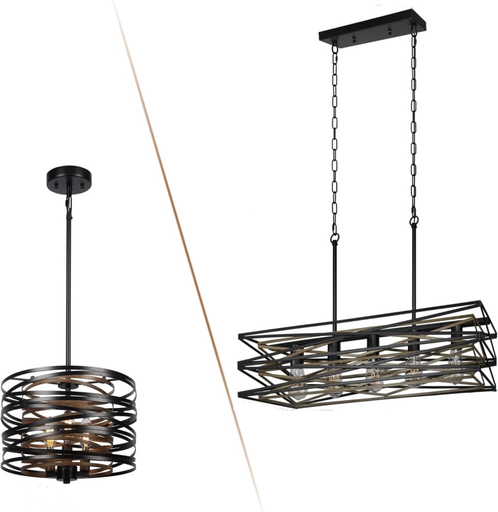 5-Light Linear Chandelier and 3-Light Drum Chandelier,Kitchen Island Lighting,Industrial Chandelier for Dining Room with Retro Wood Texture Interior
