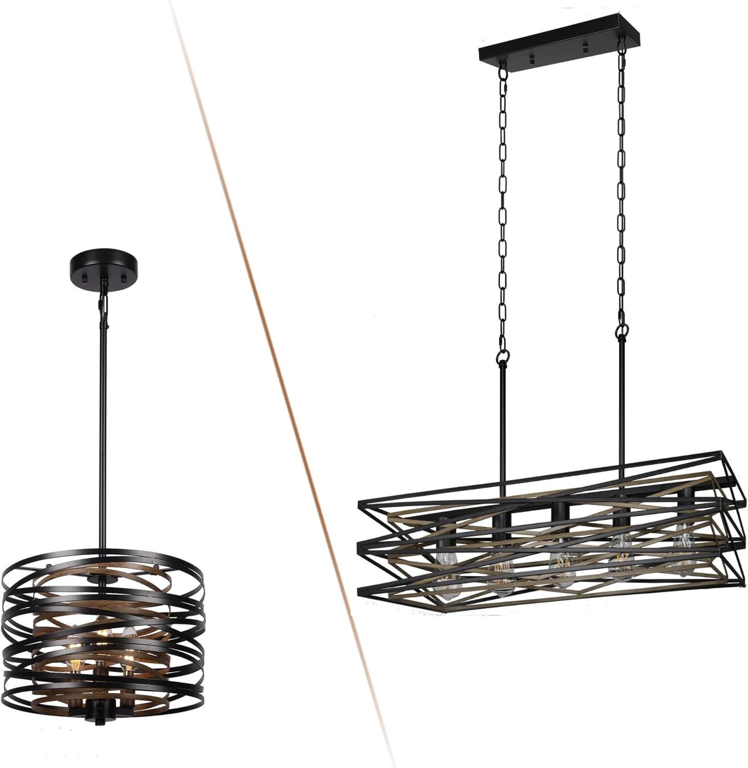 5-Light Linear Chandelier and 3-Light Drum Chandelier,Kitchen Island Lighting,Industrial Chandelier for Dining Room with Retro Wood Texture Interior