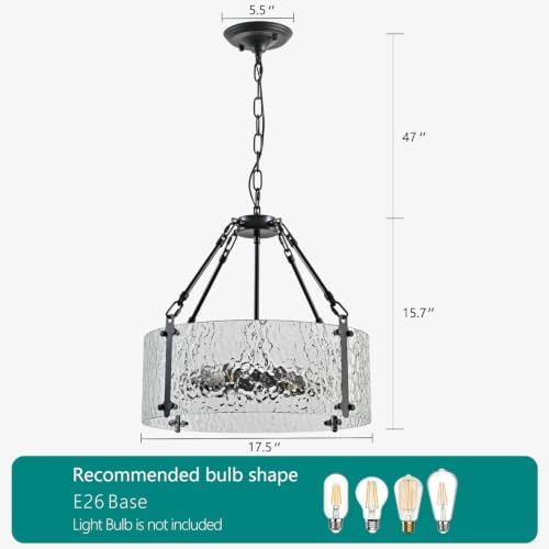 Modern 5-Light Drum Chandelier, Black Metal Frame Textured Glass Pendant Light Fixture, Industrial Farmhouse Ceiling Light for Dining Room, Living Room, Kitchen Island, E26 Base - Image 5