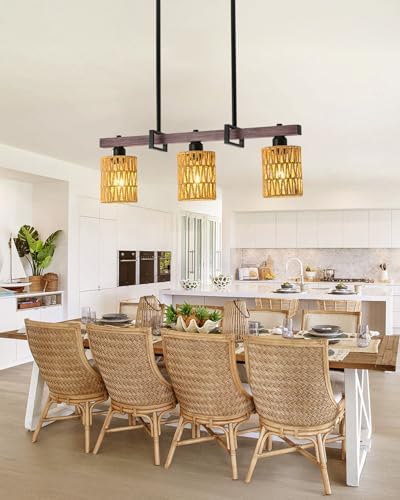 3-Light Kitchen Island Light Fixture, Linear Chandelier for Dining Room, Rustic Pendant Light Over Table, Handmade Woven Farmhouse Wicker Chandelier, Dark Wood Finish for Kitchen Island - Image 7