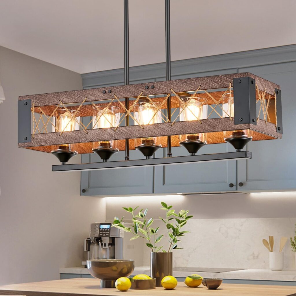 5-Light Farmhouse Chandelier for Dining Room, Rustic Wood Color Kitchen Island Lighting, Adjustable Height Chandelier for Kitchen