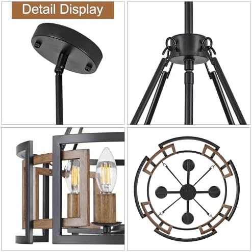 4-Light Drum Chandelier for Dining Room,15.7" Rustic Farmhouse Dining Room Light Fixture,Wood Grain and Vintage Black Metal Chandeliers for Kitchen Entryway Living Room - Image 5