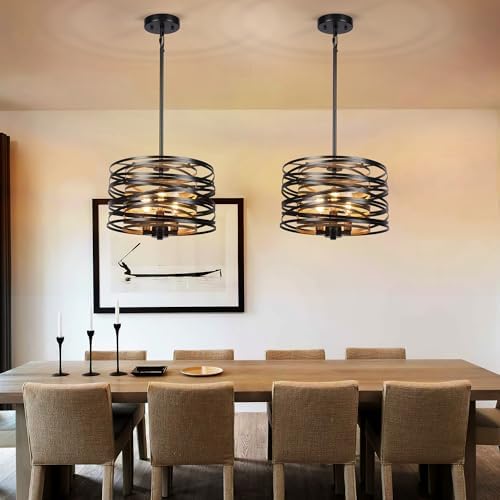 Farmhouse Dining Room Light Fixture,3-Light Drum Chandelier and 3-Light Rectangular Chandelier Kitchen Island Lighting,Industrial Chandelier for Dining Room,Linear Chandelier with Retro Wood Texture - Image 4