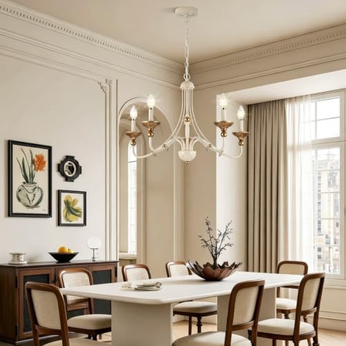 Sigaitwei 5‑Light French Country Candle Chandelier, Distressed Off‑White with Antique‑Gold Accents, Pendant Hanging Light Fixture for Dining Room, Foyer, Bedroom, E12 Base - Image 3