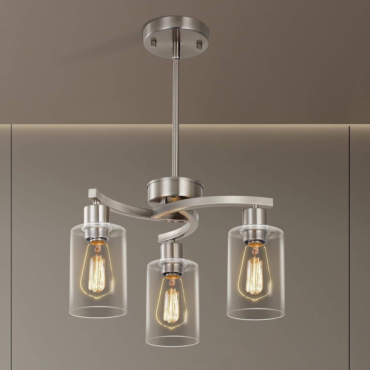 Sigaitwei 3 Light Brushed Nickel Modern Pendant Light, 16.5" Kitchen Island Lighting with Clear Glass Shade, Adjustable Dining Room Chandelier Over Table, Farmhouse Industrial Hanging Fixture