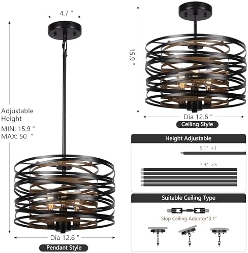Farmhouse Dining Room Light Fixture,3-Light Drum Chandelier and 3-Light Rectangular Chandelier Kitchen Island Lighting,Industrial Chandelier for Dining Room,Linear Chandelier with Retro Wood Texture - Image 5