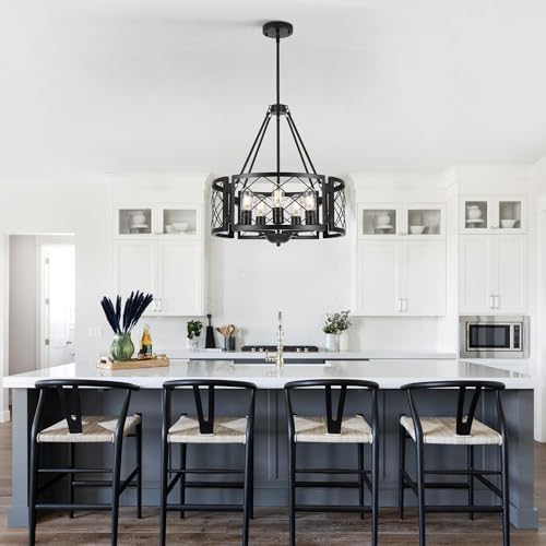 Sigaitwei 5-Light Farmhouse Chandelier Rustic Black Chandelier for Dining Room,Adjustable Pendant Light,Drum Chandelier for Kitchen Island Entryway Bedroom Hallway,18.9'',E26. - Image 4