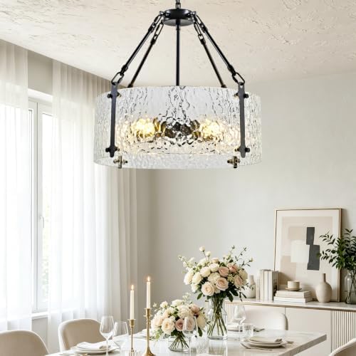 Modern 5-Light Drum Chandelier, Black Metal Frame Textured Glass Pendant Light Fixture, Industrial Farmhouse Ceiling Light for Dining Room, Living Room, Kitchen Island, E26 Base - Image 6