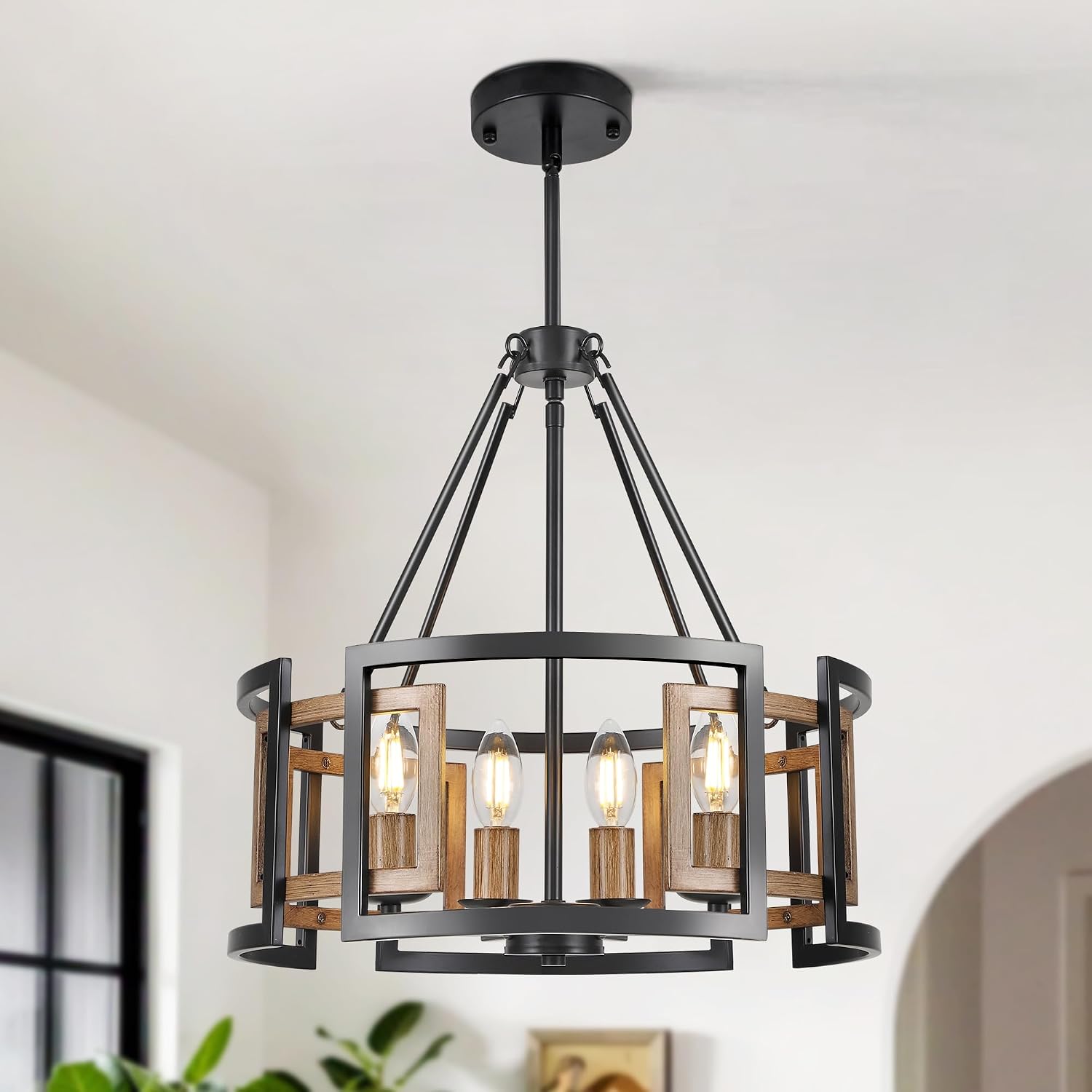 4-Light Drum Chandelier for Dining Room,15.7" Rustic Farmhouse Dining Room Light Fixture,Wood Grain and Vintage Black Metal Chandeliers for Kitchen Entryway Living Room