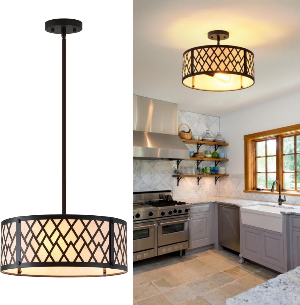 3-Light Semi Flush Ceiling Drum Light Fixture with White Fabric Shade,15.7"