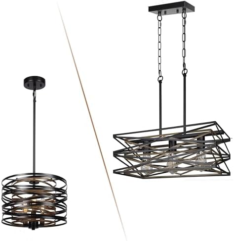 Farmhouse Dining Room Light Fixture,3-Light Drum Chandelier and 3-Light Rectangular Chandelier Kitchen Island Lighting,Industrial Chandelier for Dining Room,Linear Chandelier with Retro Wood Texture - Image 2