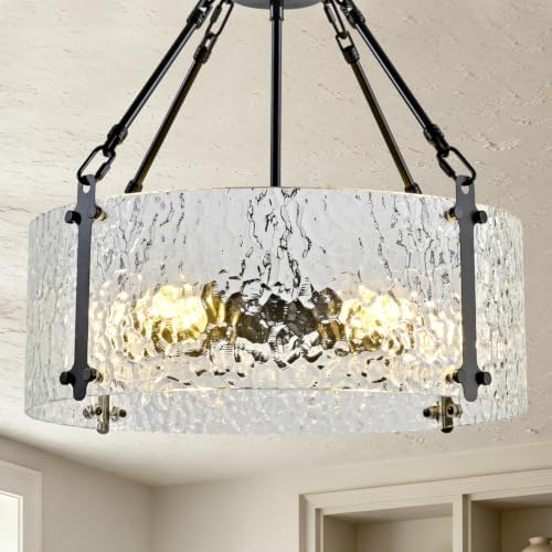 Modern 5-Light Drum Chandelier, Black Metal Frame Textured Glass Pendant Light Fixture, Industrial Farmhouse Ceiling Light for Dining Room, Living Room, Kitchen Island, E26 Base - Image 2