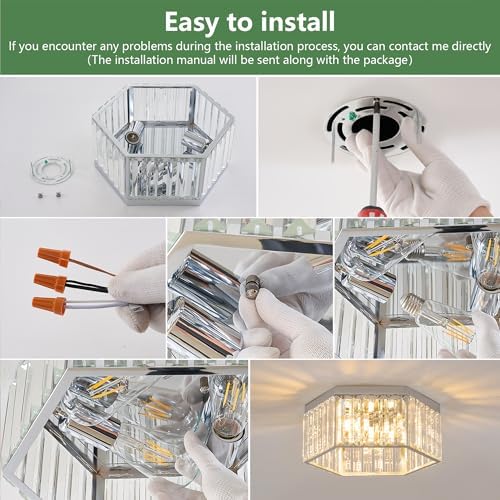 3-Light Nickel Crystal Flush Mount Ceiling Light Fixture for Bathroom, Hall - Image 6