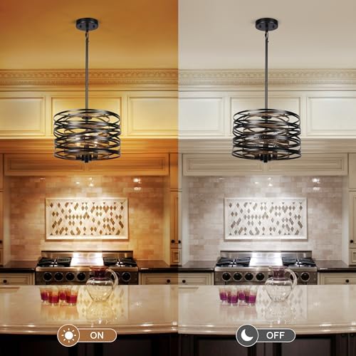 Sigaitwei 3-Light Dining Room Chandelier,12.6" Rustic Black Drum Chandeliers,Wood Grain and Vintage Light Fixture for Kitchen Entryway Living Room - Image 4
