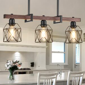 Industrial Pendant Light Fixture, 3-Light Kitchen Island Lighting with Wood Grain Bar and Black Metal Cage, Farmhouse Rustic Hanging Ceiling Lamp for Dining Room, Living Room