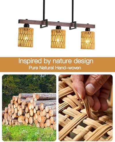 3-Light Kitchen Island Light Fixture, Linear Chandelier for Dining Room, Rustic Pendant Light Over Table, Handmade Woven Farmhouse Wicker Chandelier, Dark Wood Finish for Kitchen Island - Image 4