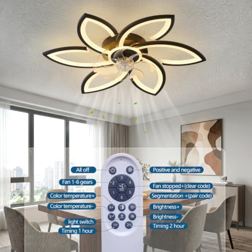 Modern 30" Ceiling Fan with Light, Low Profile Flush Mount Fandelier, Dimmable LED Ceiling Fan with Remote, 6-Speed Quiet Motor, Flower Design for Bedroom Living Room Kitchen (Black) - Image 6