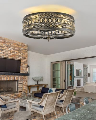 Vintage Crystal Caged Ceiling Fan with Light, Farmhouse Flush Mount Fandelier with Remote Control, Industrial Low Profile Ceiling Fan for Bedroom Living Room Dining Room - Image 6