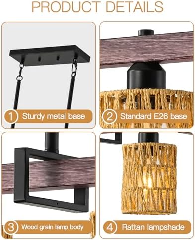 3-Light Kitchen Island Light Fixture, Linear Chandelier for Dining Room, Rustic Pendant Light Over Table, Handmade Woven Farmhouse Wicker Chandelier, Dark Wood Finish for Kitchen Island - Image 6
