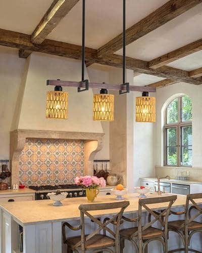 3-Light Kitchen Island Light Fixture, Linear Chandelier for Dining Room, Rustic Pendant Light Over Table, Handmade Woven Farmhouse Wicker Chandelier, Dark Wood Finish for Kitchen Island - Image 3