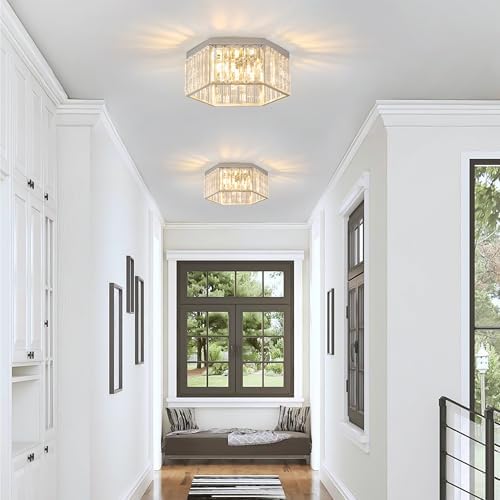 3-Light Nickel Crystal Flush Mount Ceiling Light Fixture for Bathroom, Hall - Image 4