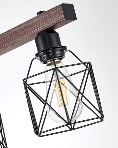 Industrial Pendant Light Fixture, 3-Light Kitchen Island Lighting with Wood Grain Bar and Black Metal Cage, Farmhouse Rustic Hanging Ceiling Lamp for Dining Room, Living Room - Image 7