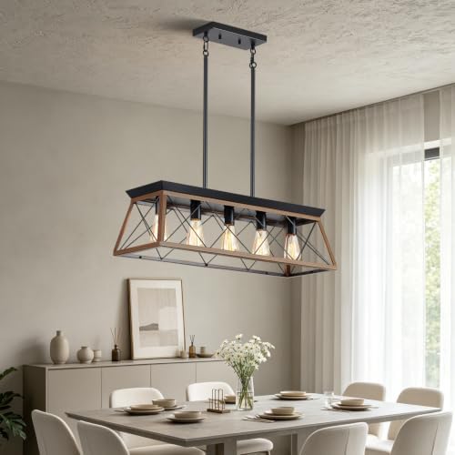 5-Light Farmhouse Dining Chandelier, White Brushed Black & Wood Grain Finish, Height Adjustable, Island Light Fixture for Dining Table, Kitchen and Entryway - Image 3